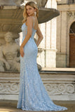 Blue Sheer Corset Mermaid Beaded Long Prom Dress with Slit