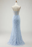 Blue Mermaid Appliqued Sheer Corset Lace Beaded Long Prom Dress with Slit