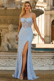 Blue Sheer Corset Mermaid Beaded Long Prom Dress with Slit