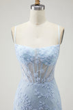 Purple Mermaid Sheer Corset Spaghetti Straps Lace Beaded Long Prom Dress with Slit