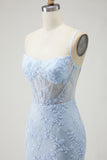 Purple Mermaid Sheer Corset Spaghetti Straps Lace Beaded Long Prom Dress with Slit