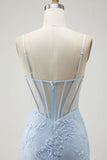 Purple Mermaid Sheer Corset Spaghetti Straps Lace Beaded Long Prom Dress with Slit