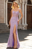 Sparkly Purple Mermaid Sheer Corset Beaded Long Formal Dress with Slit