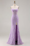 Purple Mermaid Sheer Corset Spaghetti Straps Lace Beaded Long Prom Dress with Slit
