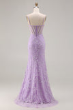 Purple Mermaid Sheer Corset Spaghetti Straps Lace Beaded Long Prom Dress with Slit