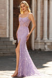 Sparkly Purple Mermaid Sheer Corset Beaded Long Formal Dress with Slit