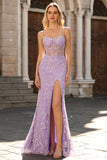 Sparkly Purple Mermaid Sheer Corset Beaded Long Formal Dress with Slit