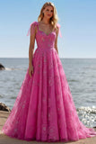 Fuchsia A-Line Beaded Floral Burnot Long Prom Dress with Lace Up Back