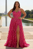 Fuchsia A-Line Beaded Floral Burnot Long Prom Dress with Lace Up Back
