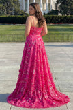 Fuchsia A-Line Beaded Floral Burnot Long Prom Dress with Lace Up Back