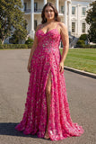 Fuchsia A-Line Beaded Floral Burnot Long Prom Dress with Lace Up Back