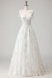 White Embroidered Tulle Corset A-Line Spaghetti Straps Long Wedding Dress with BowKnot