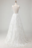 White Embroidered Tulle Corset A-Line Spaghetti Straps Long Wedding Dress with BowKnot