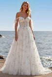 White Embroidered Tulle Corset A-Line Spaghetti Straps Long Wedding Dress with BowKnot