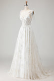 White Embroidered Tulle Corset A-Line Spaghetti Straps Long Wedding Dress with BowKnot