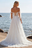 White Embroidered Tulle Corset A-Line Spaghetti Straps Long Wedding Dress with BowKnot