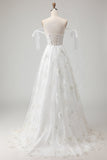 White Embroidered Tulle Corset A-Line Spaghetti Straps Long Wedding Dress with BowKnot