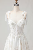White Embroidered Tulle Corset A-Line Spaghetti Straps Long Wedding Dress with BowKnot