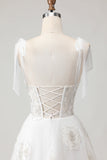 White Embroidered Tulle Corset A-Line Spaghetti Straps Long Wedding Dress with BowKnot