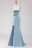 Blue Strapless Mermaid 3D Flower Sequin Long Prom Dress with Slit