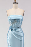 Blue Strapless Mermaid 3D Flower Sequin Long Prom Dress with Slit