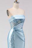 Blue Strapless Mermaid 3D Flower Sequin Long Prom Dress with Slit
