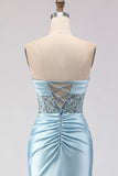 Blue Strapless Mermaid 3D Flower Sequin Long Prom Dress with Slit