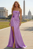 Purple Mermaid Strapless 3D Flower Sequin Long Formal Dress with Slit