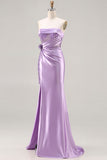 Sparkly Blue Sequin Satin Strapless Mermaid 3D Flower Long Formal Dress with Slit