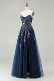Navy Sweetheart A Line Sequin Corset Long Prom Dress with Slit