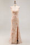 Champagne Floral Sheath Long Bridesmaid Dress With Slit