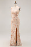 Champagne Floral Sheath Long Bridesmaid Dress With Slit