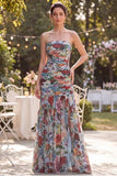 Strapless Blue Red Flower Neck Scarf Ruched Wedding Guest Dress with Slit