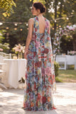 Strapless Blue Red Flower Neck Scarf Ruched Wedding Guest Dress with Slit