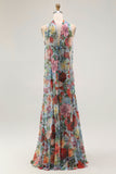 Strapless Blue Red Flower Neck Scarf Ruched Wedding Guest Dress with Slit