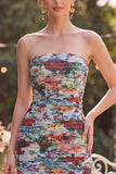 Strapless Blue Red Flower Neck Scarf Ruched Wedding Guest Dress with Slit
