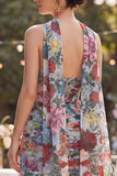 Strapless Blue Red Flower Neck Scarf Ruched Wedding Guest Dress with Slit