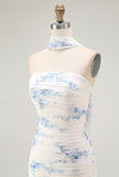 White Blue Flower Sheath Strapless Velvet Burnout Wedding Guest Dress with Slit