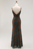 Dark Green Sheath Printed Long Bridesmaid Dress With Slit