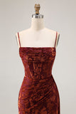 Burgundy Mermaid Corset Streamer Burnout Velvet Bridesmaid Dress with Slit