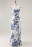 White Blue Floral Corset Sheath Cowl Neck Long Bridesmaid Dress with Streamer