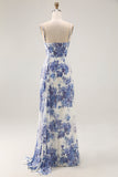 White Blue Floral Corset Sheath Cowl Neck Long Bridesmaid Dress with Streamer