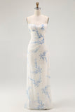 White Blue Flower Sheath Velvet Burnout Corset Wedding Guest Dress