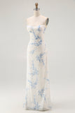 White Blue Flower Sheath Velvet Burnout Corset Wedding Guest Dress