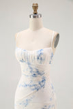 White Blue Flower Sheath Velvet Burnout Corset Wedding Guest Dress