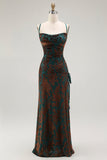 Dark Green Velvet Sheath Velvet Burnout Long Prom Dress