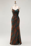 Dark Green Sheath Spaghetti Straps Velvet Burnout Maxi Dress with Slit