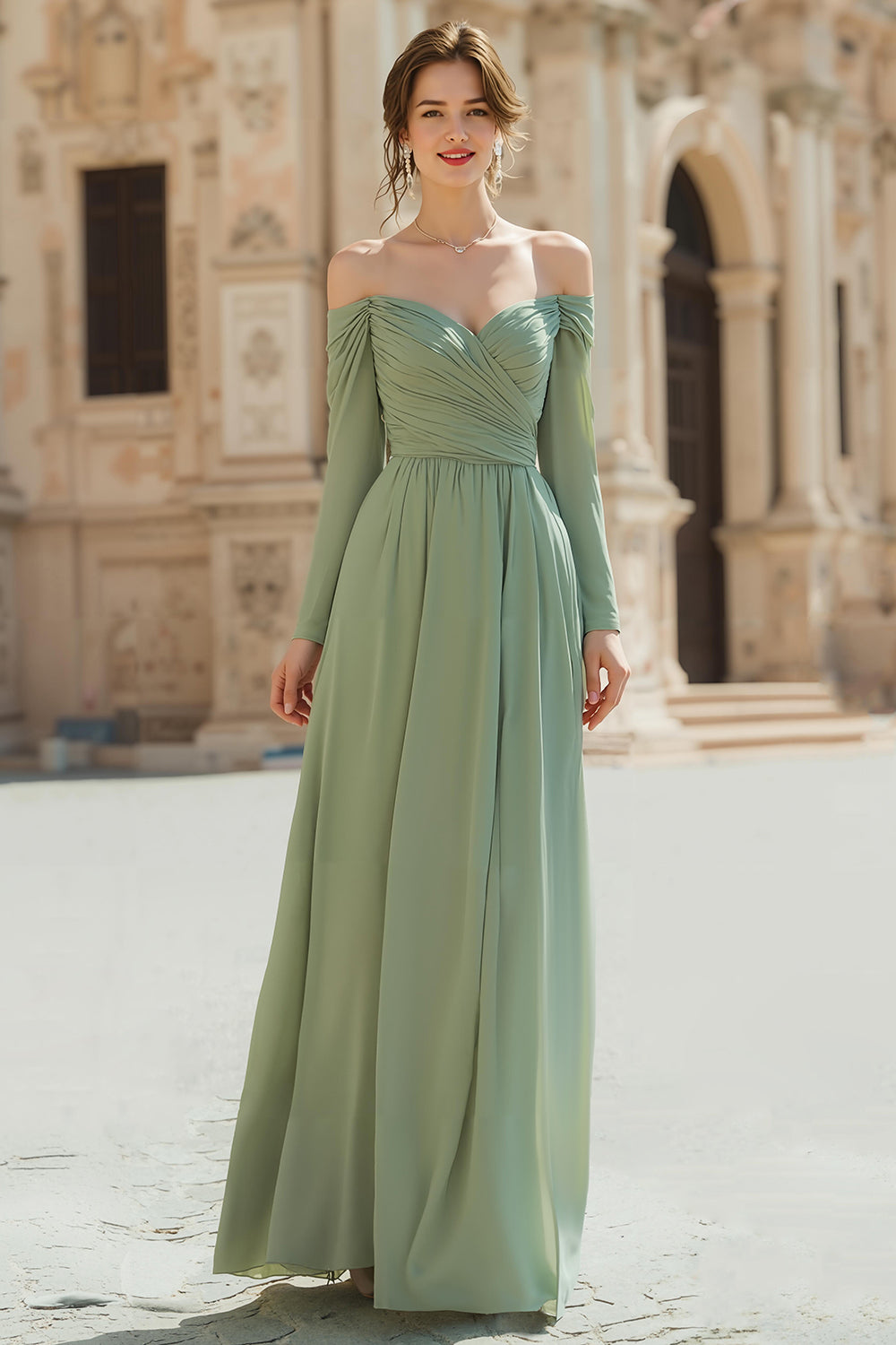sage green wedding guest dress with sleeves Zapaka Women Sage Green Chiffon Long Sleeves Bridesmaid Dress Ruched A Line Off The Shoulder Wedding Guest Dress – ZAPAKA AU