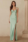 Dusty Sage Sheath Satin Thick Straps Long Bridesmaid Dress with Slit