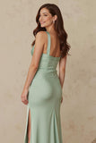 Dusty Sage Sheath Satin Thick Straps Long Bridesmaid Dress with Slit